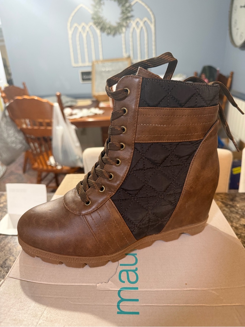 Maurices Brown Quilted Lace-Up Wedge Boots